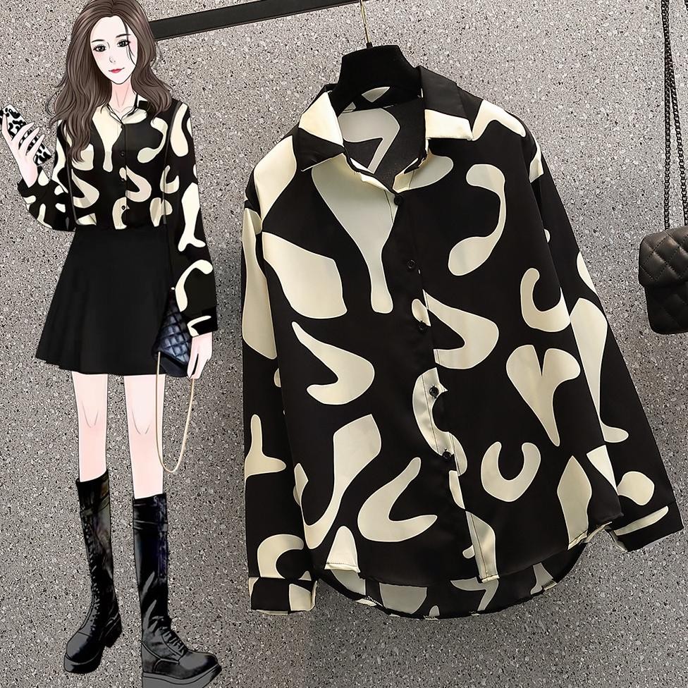 New 2025 Fashion Cetakan Geometris Korea Trendy Kemeja Lengan Panjang Hitam Sifon Berkualitas Tinggi