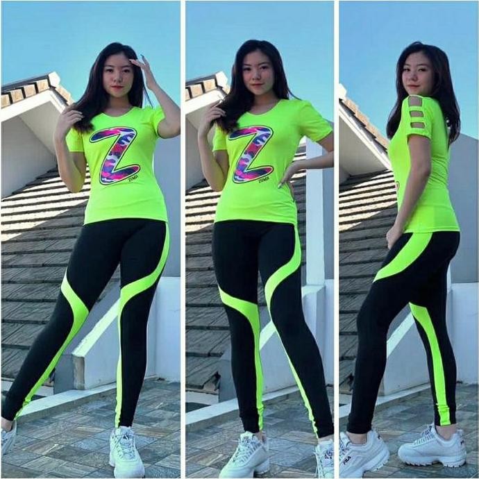 Setelan baju senam gym fitness senam t shirt zumba plat army