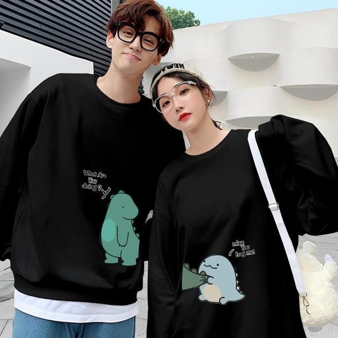 TERMURAH - Kaos Couple Pasangan Dino Miss You Isi 2 pcs / Kaos Kapel Pria Wanita Lengan Panjang / Ka