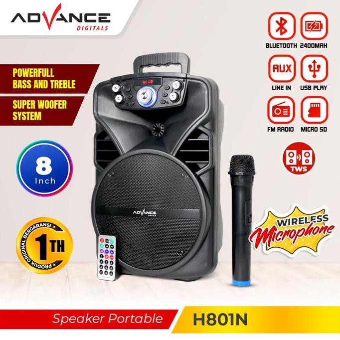 Speaker Karaoke Bluetooth Portable Advance H801N / H-801N Free Mic Wireless Garansi Resmi Advance 1 