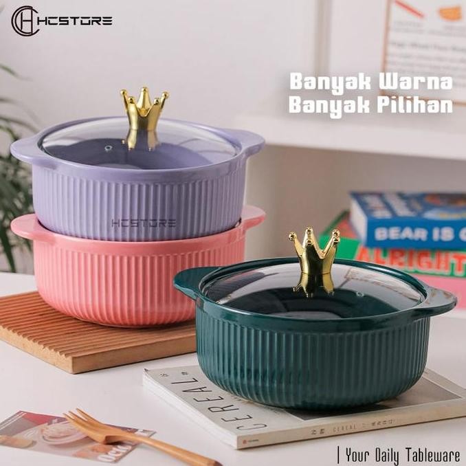 HCSTORE MANGKOK TUTUP BESAR JUMBO WARNA 2 LITER UKURAN 28cm DENGAN HANDLE TAHAN PANAS MANGKUK KERAMI