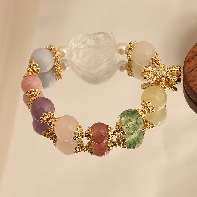 Multi-Gemstone Heart Fox Natural Aquamarine Gold Rutilated Quartz Green Phantom Amethyst Rose Quartz