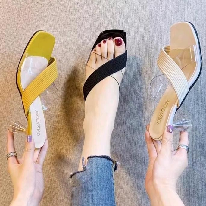 sandal wanita hells kaca mika transparan terbaru Heels High Shoes Pesta EJ