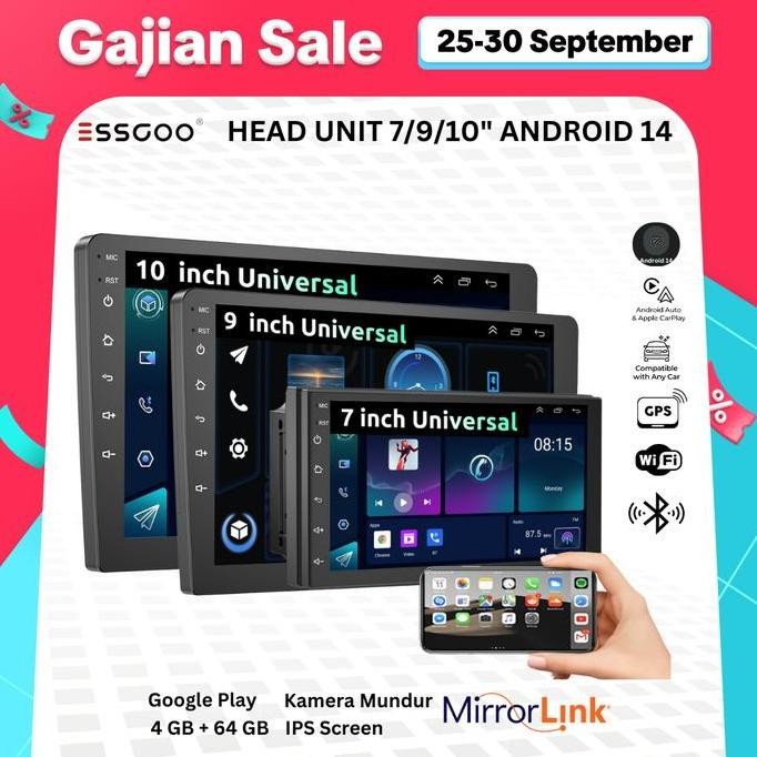 ESSGOO HEAD UNIT ANDROID 14 MOBIL 4G+64G  7/9/10 INCH 2 DIN KONTROL SUHU CERDAS IPS LAYER MOBIL NAVI