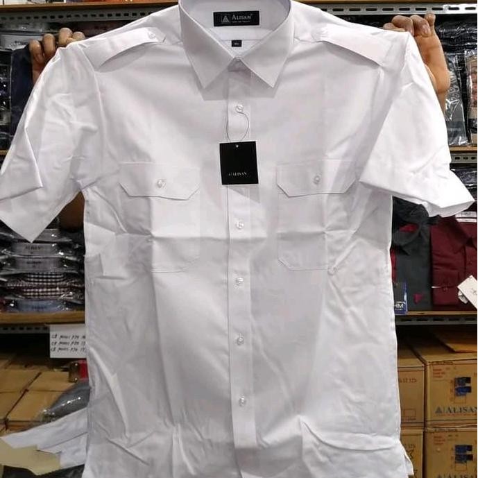 Kemeja Pria Kantong Dua Pangkat Alisan Lengan Pendek Putih dan Hitam JS