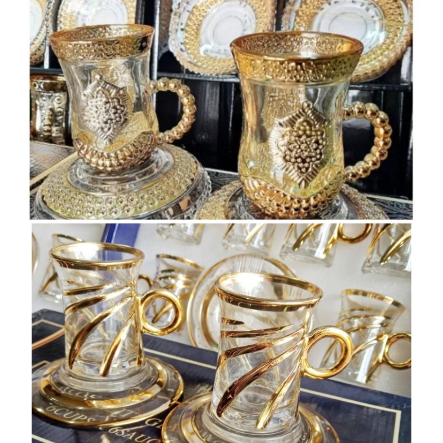 Set Cangkir Tatakan Arab Kombinasi Gold Gelas Turki Cangkir Teh Arab Tea Set Bahan Kaca