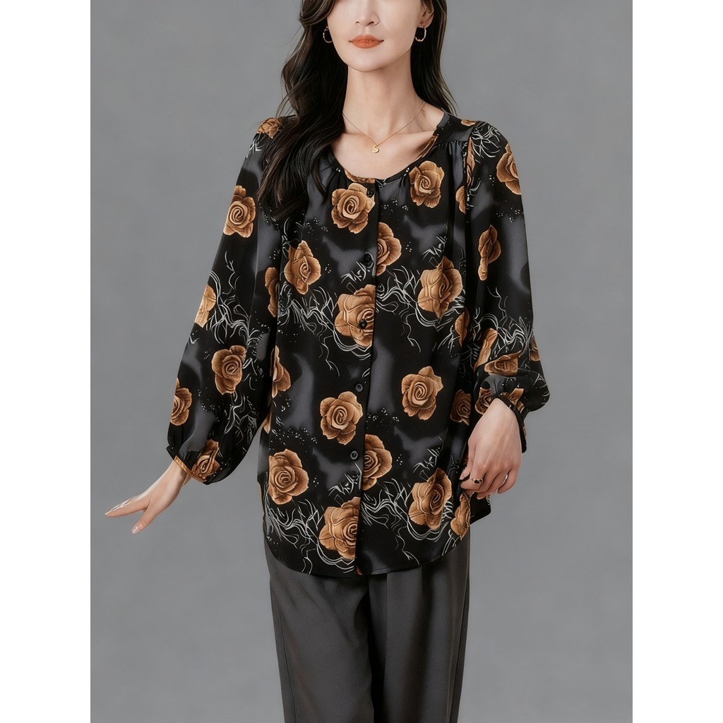 Bebovizi Blus Sifon Longgar Lengan Panjang Leher Bulat Kemeja Wanita Kasual Dan Modis