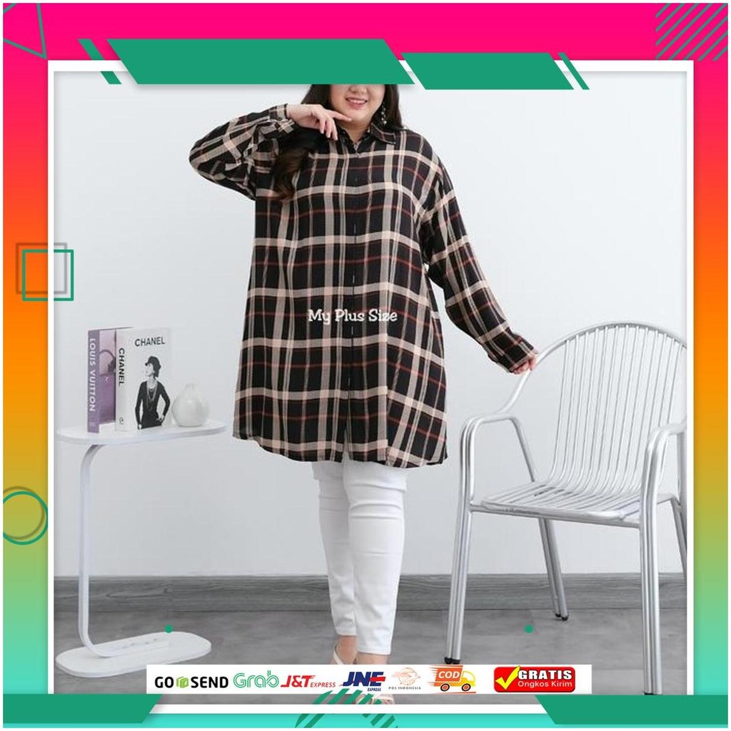 Tunik Kemeja Kotak Wanita Jumbo 3810, Ld 125, 135 & 145 Cm Grab