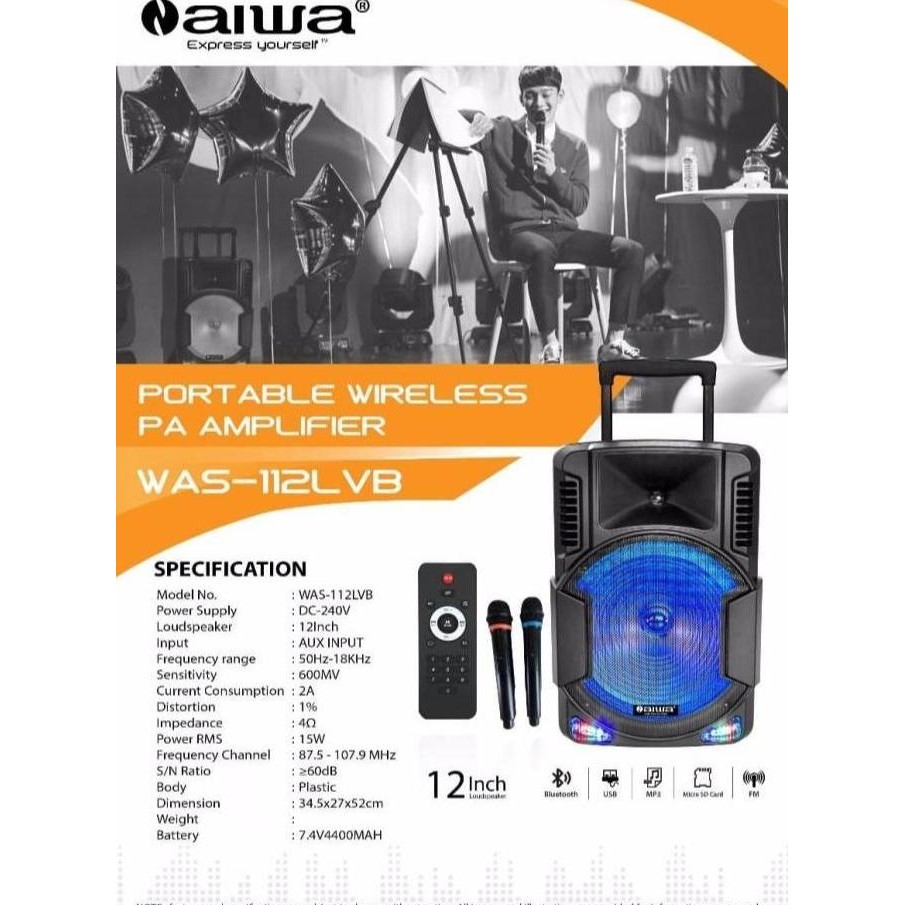Portable Sound System Bluetooth 12 Inch - Aiwa Was-112Lvb New Model