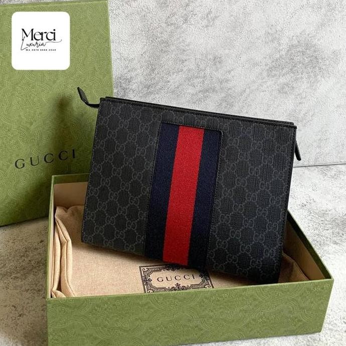 Original - Gucci Voyage Clutch Pouch Pria GG Supreme Black Hitam Tas Tangan AUL