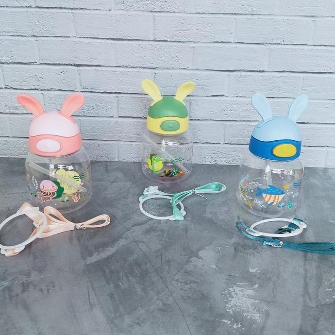 Botol Minum Kuping Kelinci Tali Dan Sedotan 450Ml Botol Minum Anak Tk