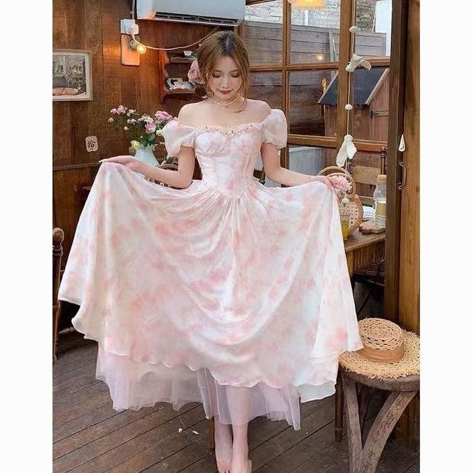 Sweet Girl - Gaun Sifon Prancis Romantis Cinta Pertama Gaun Midi Leher Persegi Feminim