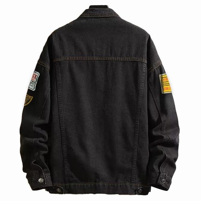 Jaket Jeans Tempel Hitam Pria Wanita Panjang Motif Blazer Casual Formal