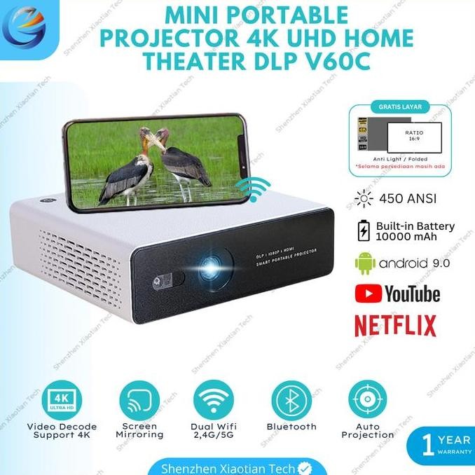 DE100 >> DLP Projector V60C 450 ANSI Lumens RAM 1/32GB 1080P Support 4K UHD | Proyektor Mini Smart A