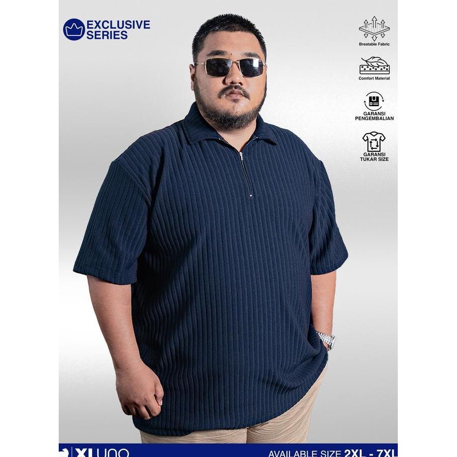 XLUNO Zipper Polo Navy Baju Polo Pria Jumbo Knit Big Size Lengan Pendek