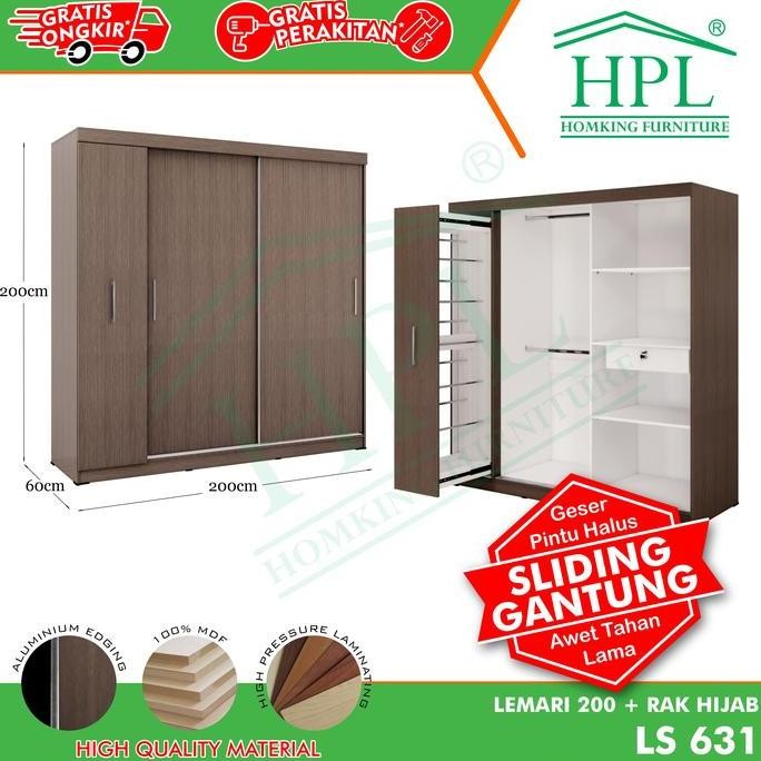 Promo Lemari Pakaian Sliding HPL200 Hijab Coklat Tua Kayu COD