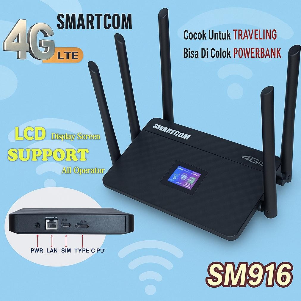 ROULACASE - SMARTCOM - Wifi Wireless Router Sim Card 4G LTE Smartcom SM916 with LCD 300Mbps