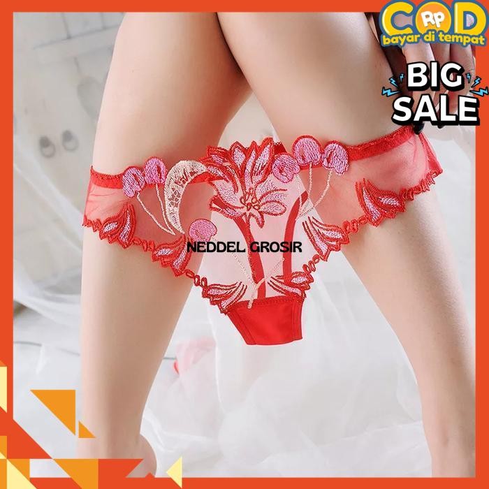 WANITA G STRING POLA BORDIR TRANSPARAN T-BACK THONG PANTIES  BY NEDDEL GROSIR