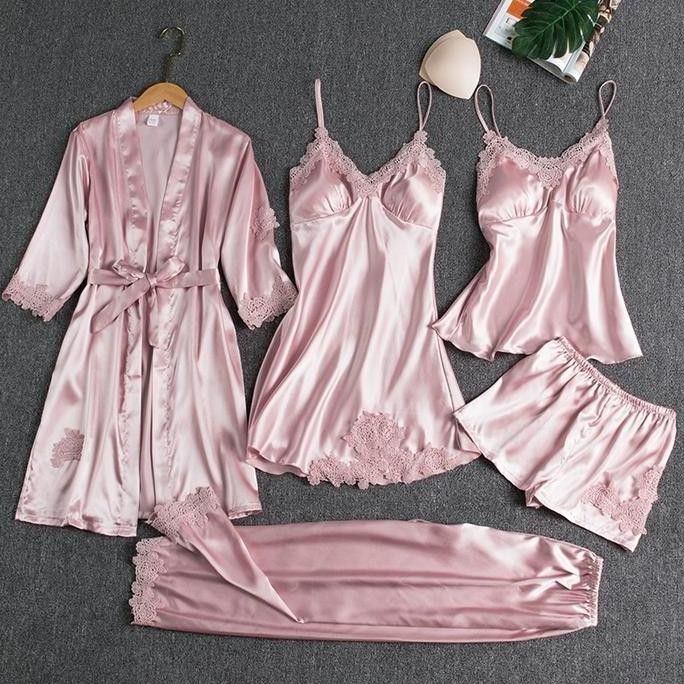 Baju Tidur Piyama Set Sexy Kimono 5 In 1/ Baju Tidur Satin Wanita / Baju Tidur Sexy Lingerie Set Kim
