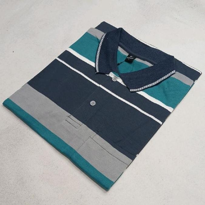 DS10 >> Baju Kaos Kerah Salur Pria Dewasa Motif Kerah Wangki Katun Salur Bapak Kantong Depan Lengan 