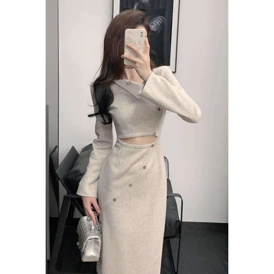 [COD] Gaun lengan panjang berongga untuk wanita mungil, gaun panjang super cantik