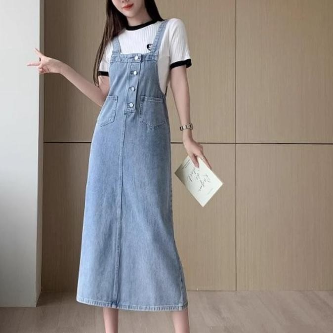 Promo Dress Kodok Jeans Wanita Kekinian Korean Style Overall Denim Rok Tali Panjang Casual Cewek Rem