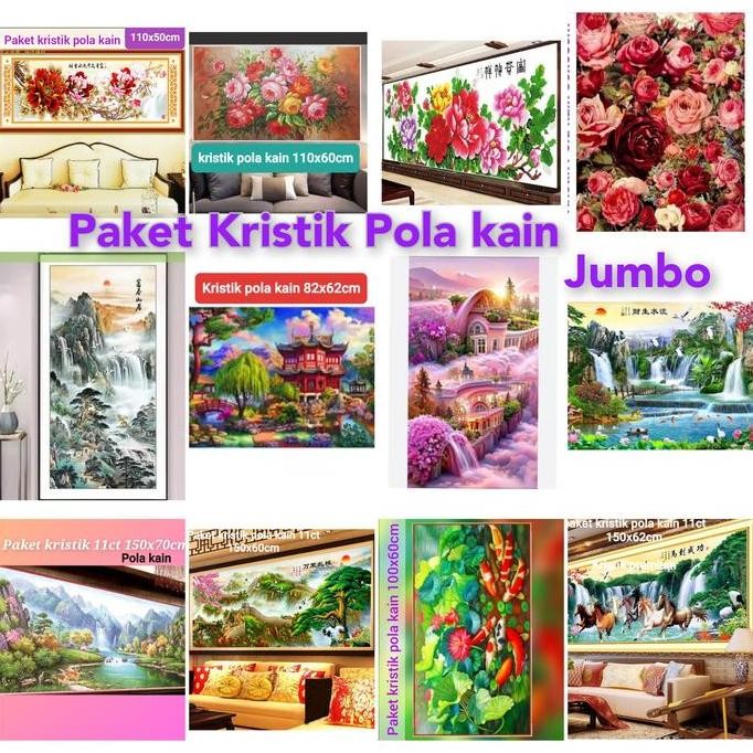 Paket kristik pola kain pemandangan koi air terjun sawah padi 11ct