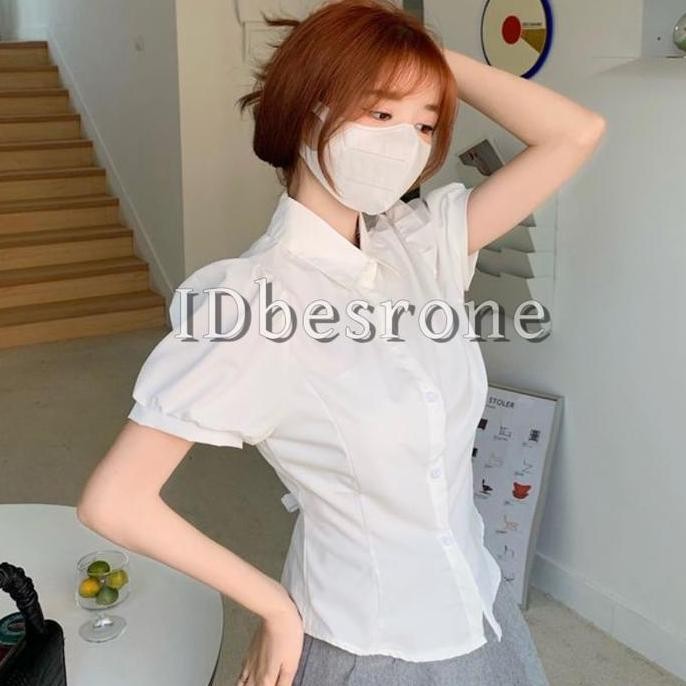 Kemeja Putih Wanita Lengan Pendek Tipis Lucu Korea Fashion Atasan Murah Ketat