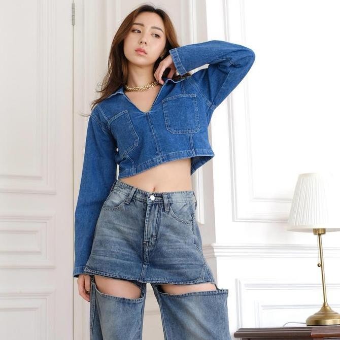 LADOUCE - Maeson Crop Denim Top Atasan Jeans Wanita