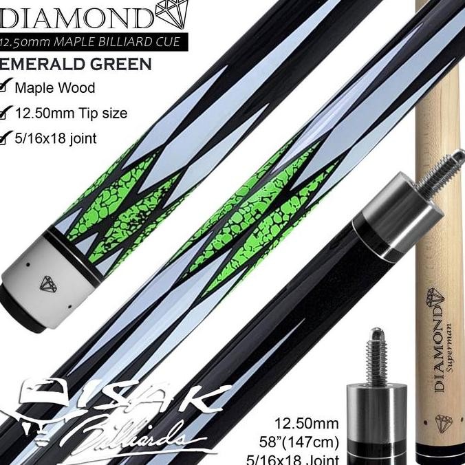 Diamond Maple Pool Cue 12.5Mm Emerald Green Billiard Stick Bola Besar Asli