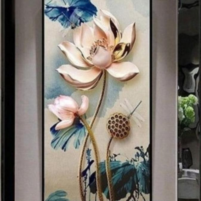 DIY paket kristik bunga lotus dan madu full pola kain cross stitch