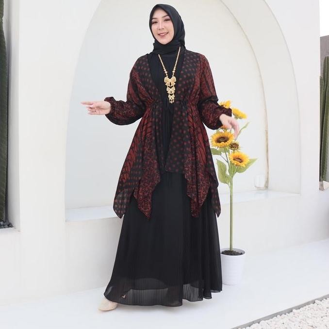 Set Gamis Kavira Etnik Baju Kondangan Premium Iner Dress Plisket Ceruti Armani Outer Viscose Semi Su