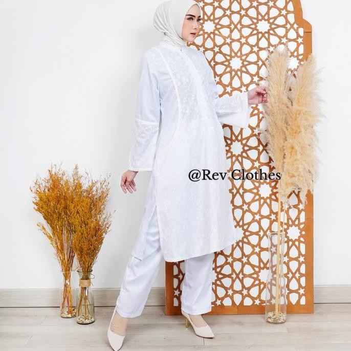 Setelan Tunik Rev Busana Haji Dan Umroh Wanita Muslim Dewasa Putih Kombinasi Bordir Katun Toyobo Fod