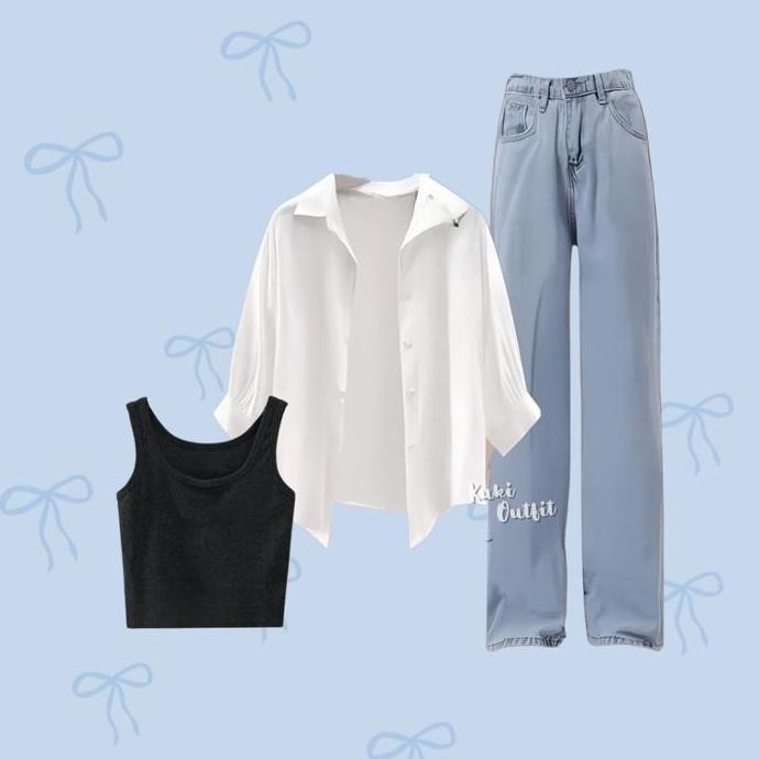 1 Set Korean Style (Kemeja, Celana Jeans, Tanktop) One Set Wanita Hijab Ootd Rajut Stripe - Kk149 At