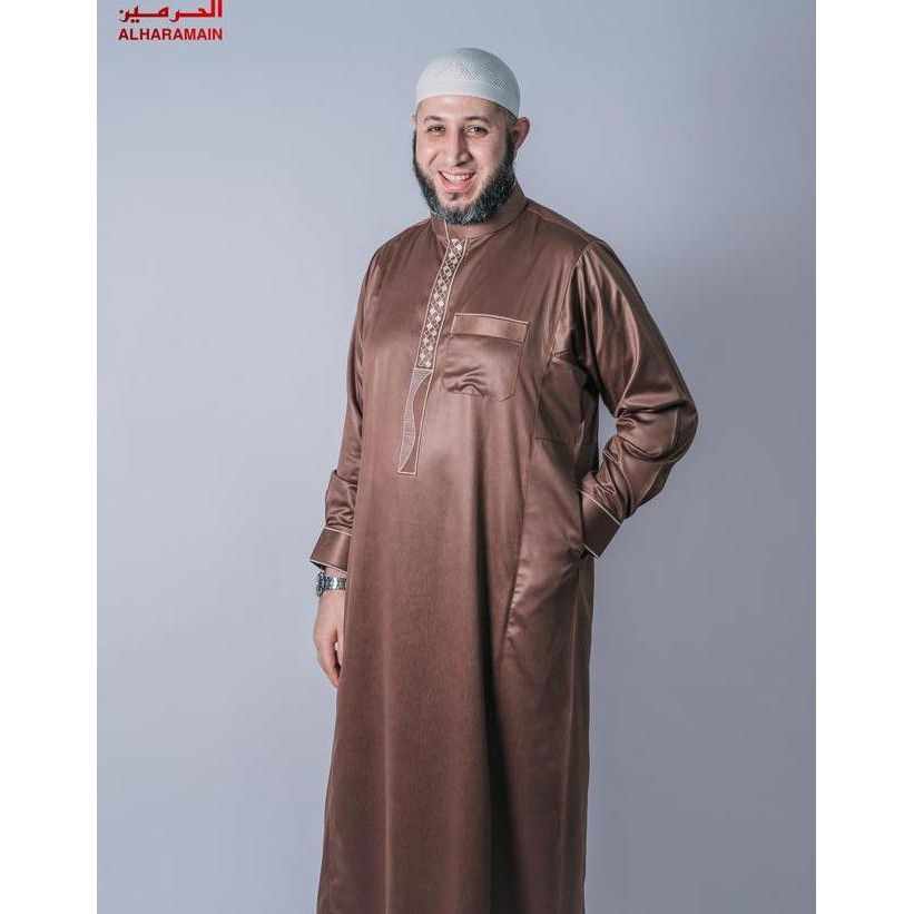 Al Haramain Jubah Gamis Pria Remaja Dewasa Slimfit Resleting Bordir H 001 Coklat Tua Coklat Susu Cok