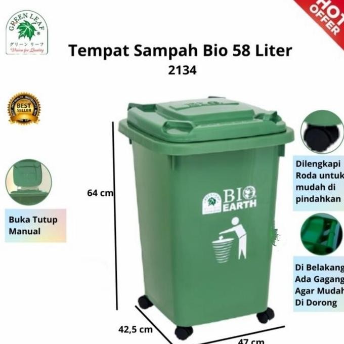 TEMPAT SAMPAH BIO 58 LITER/TEMPAT SAMPAH SEGI RODA GREEN LEAF 2134