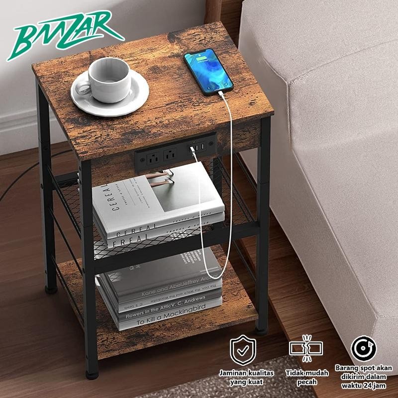 Meja Nakas Bedside Table Lemari Nakas Besi Meja Samping Kamar TidurDengan Port Pengisian Daya Dan Po