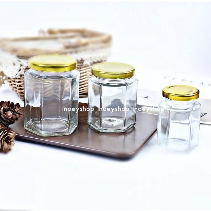 JAR /BOTOL /TOPLES KACA HEXAGONAL 280ML TUTUP GOLD