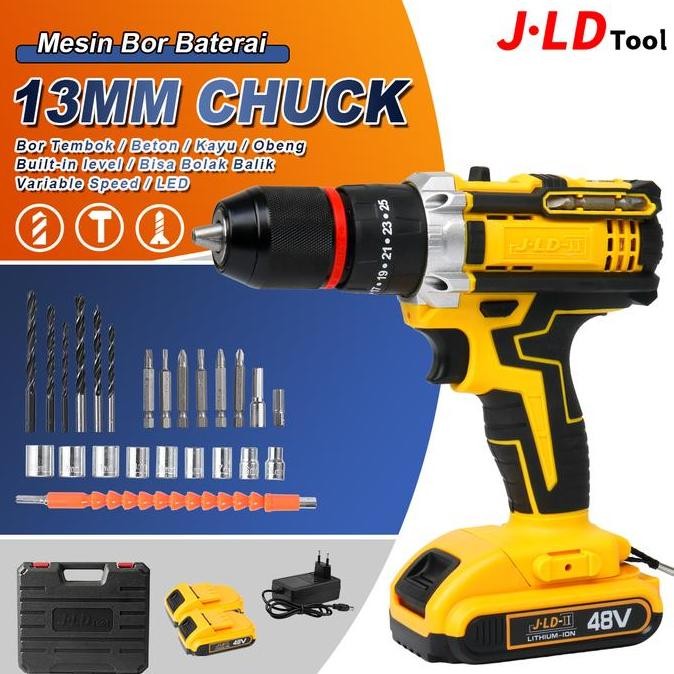 BELERAINTE- JLD Bor Baterai 48Vf 2-Speeds dengan Level Built-in dan 25+3 Mesin Bor Cordless Impact D
