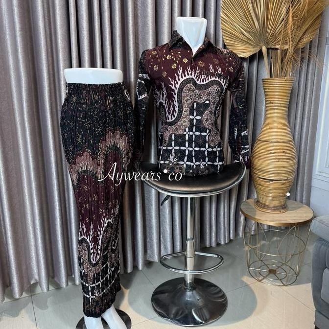 Promo Aywears Batik Couple Arshaka burgundy cocok/ batik couple kemeja batik dan rok prisket / batik
