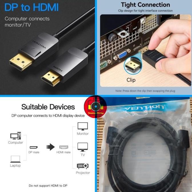 BEBAS ONGKIR - Vention HAD Kabel DP to HDMI male display port DisplayPort to HDMI