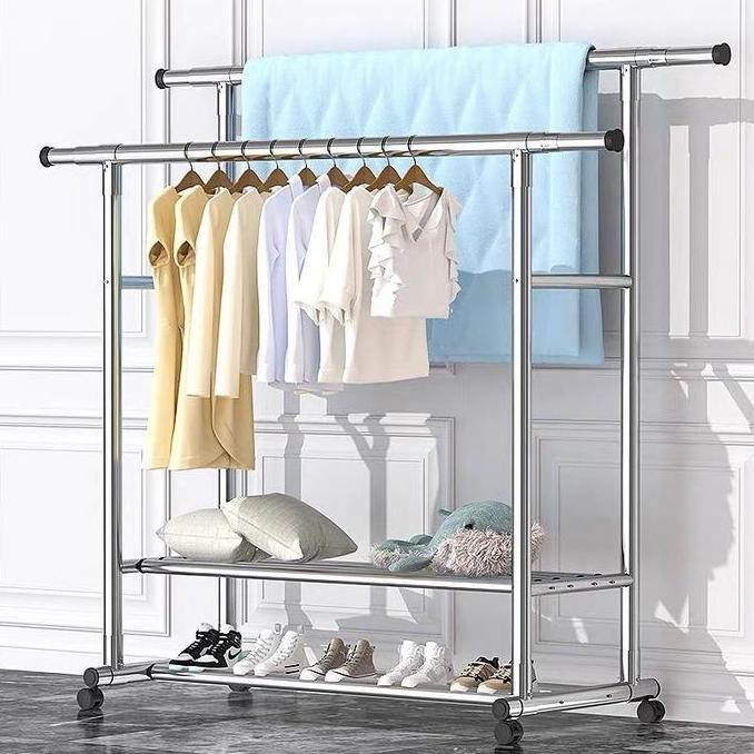 Rak Gantungan Baju Berdiri Stainless Steel Tebal Jemuran Baju Stainless Jemuran Baju Dobel Pool Roda