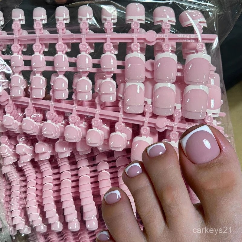 120pcs Ujung Kuku Palsu Pendek Persegi Pink French Gel Lembut Tekan Pada Kuku Kaki Tepi Putih Kuku P