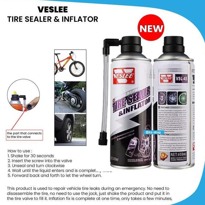 VESLEE CAIRAN TAMBAL BAN TUBELESS 450ML | VESLEE / ARCHELE TIRE SEALER & INFLATOR 450ML | REPAIR TIR