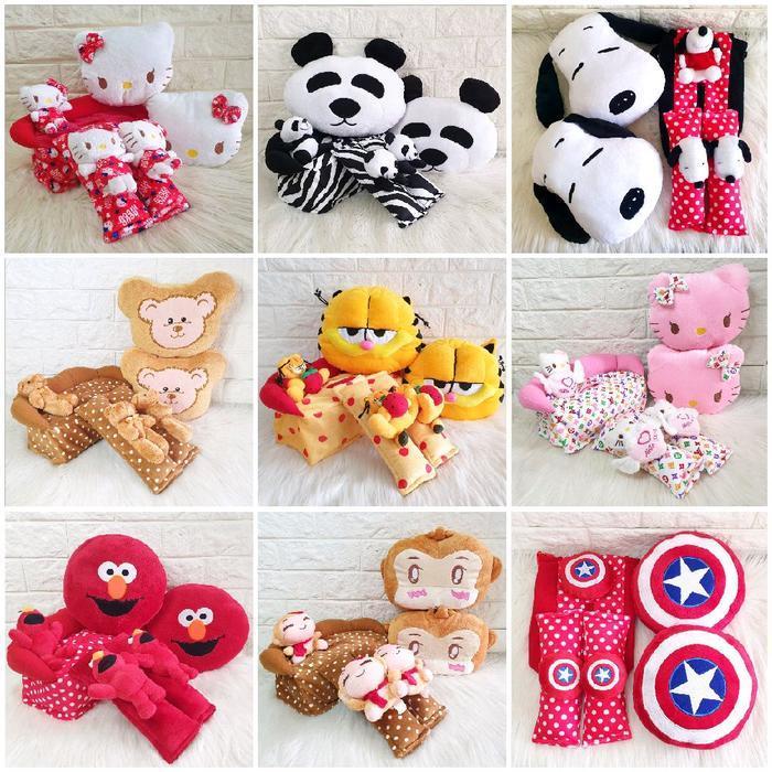 BEBAS ONGKIR - 3IN1 KEPALA BONEKA // Paket Bantal Mobil Sandaran Kepala Moo Bear Spongebob Puca Pand