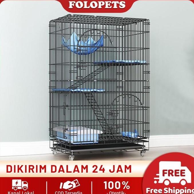 READY  FOLOPETS Kandang Kucing 4 Tingkat XL (90x57x125 cm) - Roda Geser, Ruang Luas & Aman untuk 3 K