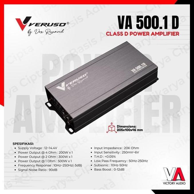 Power Amplifier Monoblock Audio Mobil VERUSO VA 500.1D VA500.1D 1 Channel Class D Compact Power Amp 