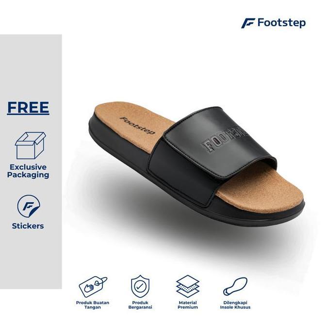 Kasho- Footstep Footwear Sandal Pria Slide Shelby Velcro Black Sandal Shoes Selop