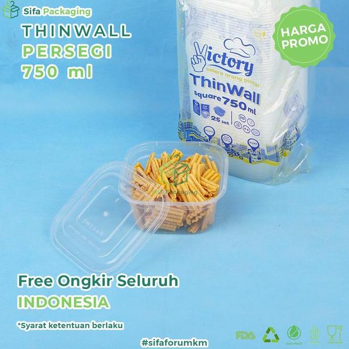 Thinwall Persegi + Tutup 750ml Persegi Kotak Makanan Wadah Plastik Thinwall Square Tempat Kue SnackF