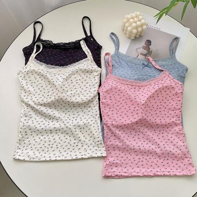 DS183 >> FW88- Tanktop Cup Bra Wanita - Tanktop Wanita Motif Renda Depan Pita - Tanktop Crop top Kam